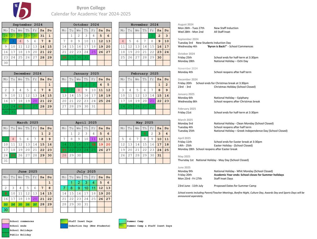 2024-2025 Byron College Academic Calendar